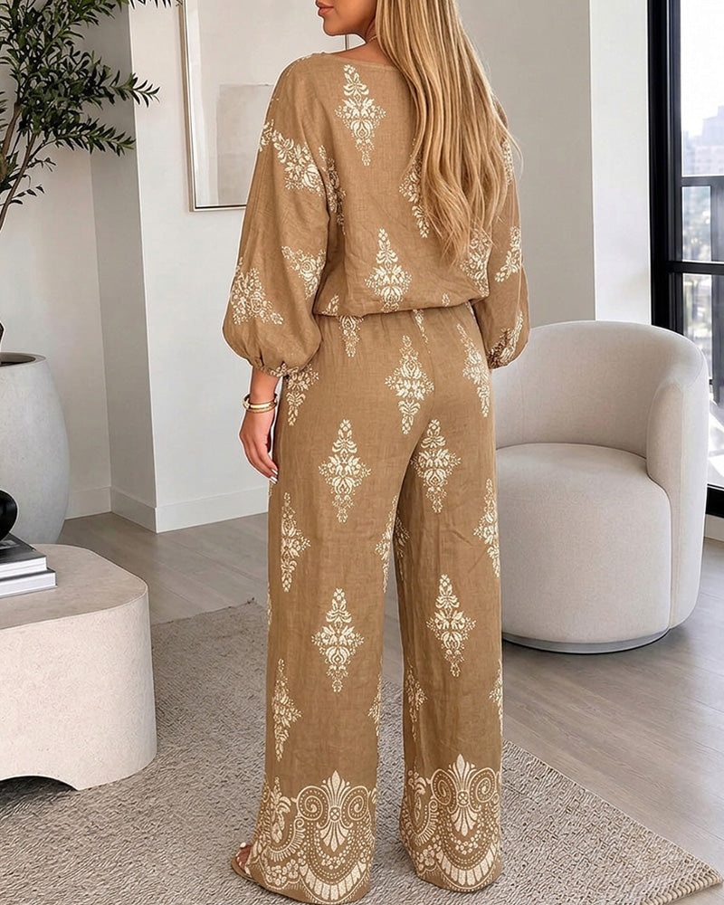 Women's 2 Piece Vintage Print Bohemian Outfit Skew Neck Lantern Sleeve Top and High Waisted Pants Set Casual Vacation Set - Image 2
