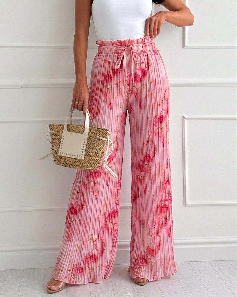 Women's Tie Dye Print Pleated Wide Leg Pants High Waisted Flowy Palazzo Pants Drawstring Lounge Pants with Pockets - Image 6