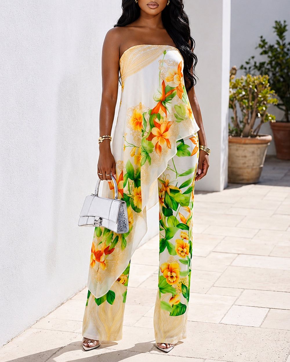 Women's Tropical Floral Jumpsuit Sexy Strapless Tube Overalls High Waisted Faux Two-Piece Jumpsuits with Detachable Clear Straps - Image 4