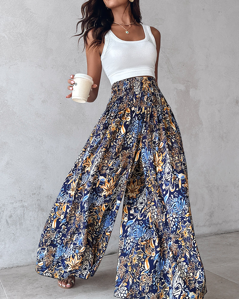 Boho Vintage Floral Print Shirred High Waist Wide Leg Pants - Image 5