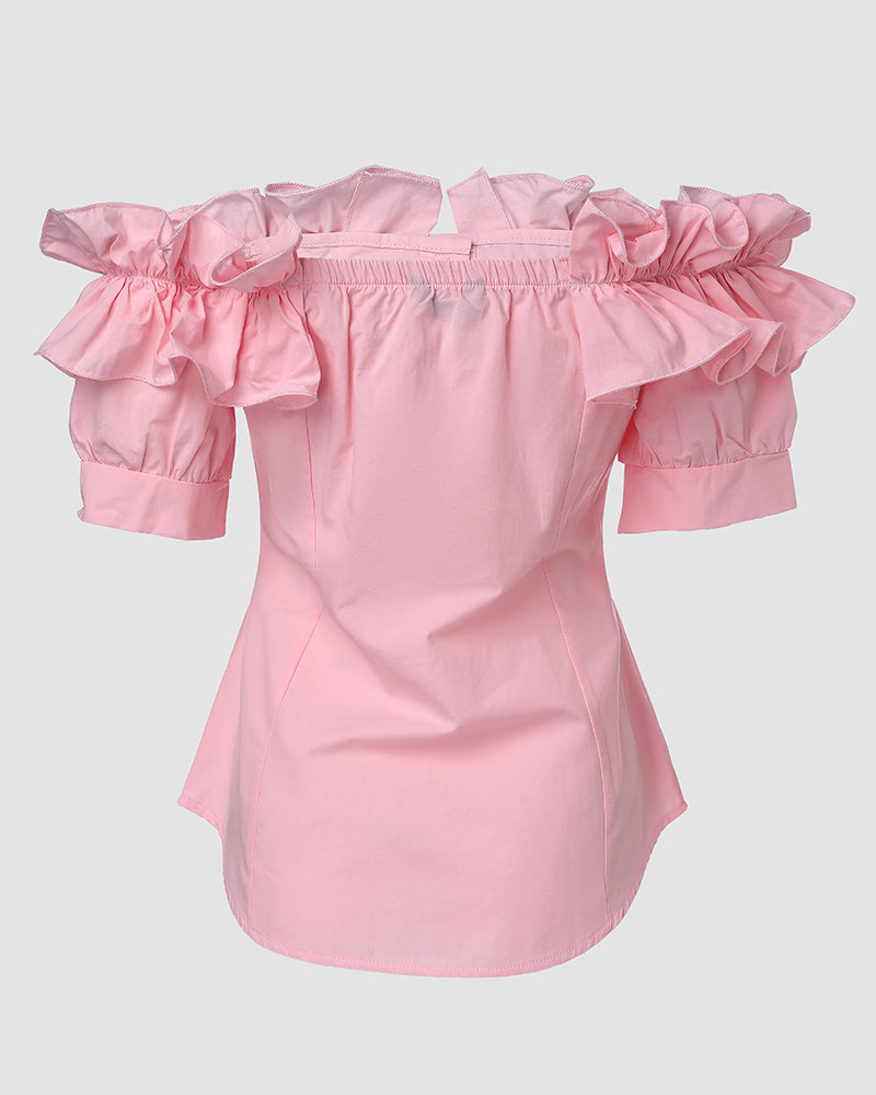 Ruffles Off Shoulder Short Sleeve Button Front Blouse Asymmetrical Hem Top - Image 12