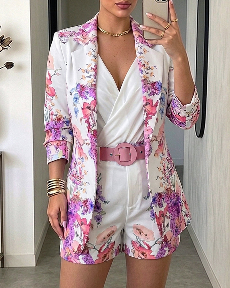Women's Floral Blazer & Shorts Set Elegant Single-Breasted Coat and High-Waisted Shorts with Belt - Image 5