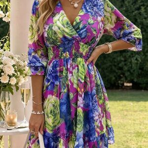 Floral Print Overlap V Neck Long Sleeve Shirred Waist Ruffle Hem Dress Casual Cinched Waist Flared Cuffs Chiffon Vacation Dress with Lining