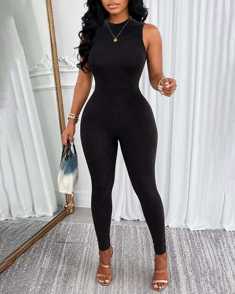 Women's Halter Neck Backless Jumpsuit Ribbed Knit Slim Fit Sleeveless Romper Sexy Party Clubwear - Image 2
