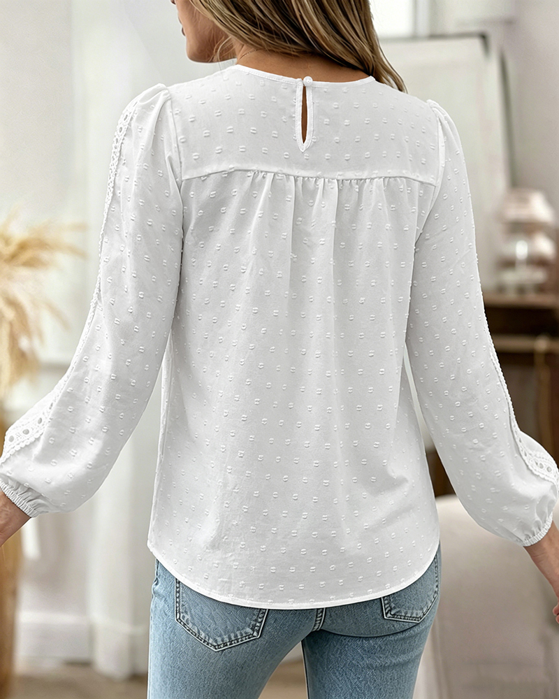 Women's Hollow-Out Lace Spliced Lantern Sleeve Top Elegant 3D Jacquard Chiffon Blouse for Work and Daily Wear - Image 2
