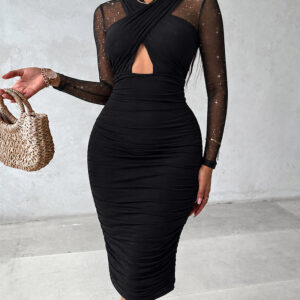 Women's Glitter Long Sleeve Bodycon Dress Criss Cross Hollow Out Sheer Mesh Spliced Party Midi Dress Sexy Evening Gown
