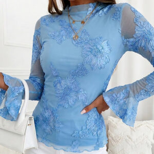 Women's French Style Mesh Top Floral Jacquard Mock Neck Long Sleeve Blouse Elegant Flare Cuffs Slim Fit Layered Top