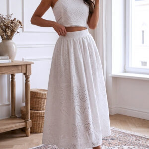 2 Pieces Outfit Sleeveless Hollow-out Back Zipper Side Crop Top and Casual High Waist Elastic Back Waist A Line Skirt Set Casual Lace Hollow Out Pattern Set
