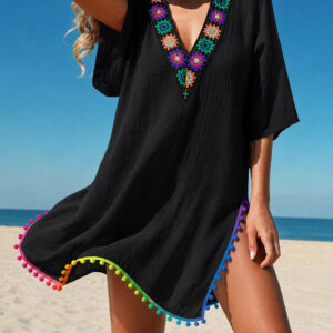 Women's V Neck Beach Cover Up Pom Pom Trim Side Slit Sheer Caftan Causal Three Quarters Sleeve Swimwear