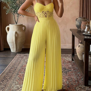 Women's Two Piece Set Lace Cami Top with Stretchy Pearl Straps and High Waist Pleated Wide Leg Chiffon Pants