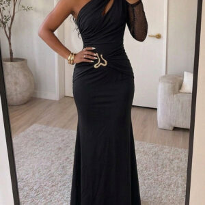 Women's One Shoulder Rhinestone Mesh Sleeve Maxi Dress Ruched Hollow-out Mermaid Evening Gown