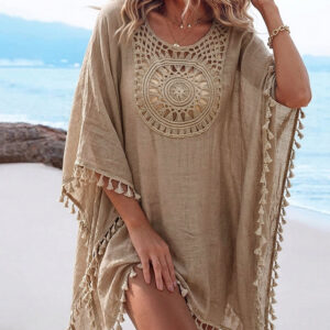 Women's Front & Back Reversible Beach Cover Up Crochet Lace Hollow Out Spliced Tassel Vacation Caftan Dress