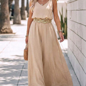 2 Pieces Outfit V-Neck Shoulder Bowknot Design Sleeveless Tank Top and Casual Zipper Fly Elastic Back Waist Wide Leg Pants Set without Belt
