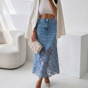 Women's Guipure Lace Spliced Denim Skirt High Waisted Jean Skirt French-Style Casual Skirt