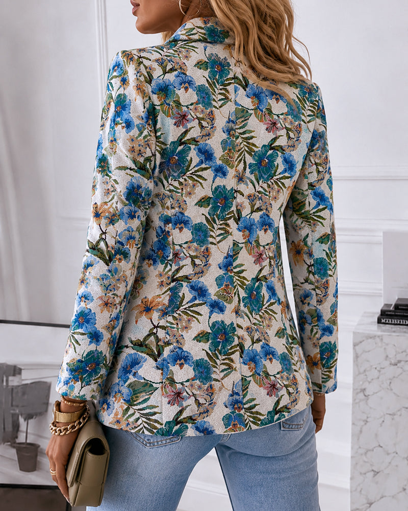 Women's Vintage Floral Jacquard Blazer Elegant Single Breasted Lapel Collar Coat - Image 2