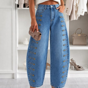 Women's Wide Leg Jeans High Waisted Side Button Denim Pants Distressed Washed Trousers Retro Y2K Streetwear