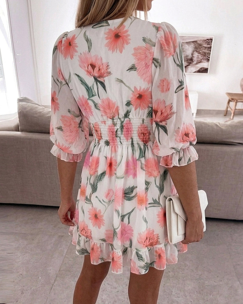 Floral Print Overlap Deep V-Neck Half Sleeve Shirred Waist A Line Dress Casual Flared Cuffs Ruffle Hem Chiffon Dress - Image 2