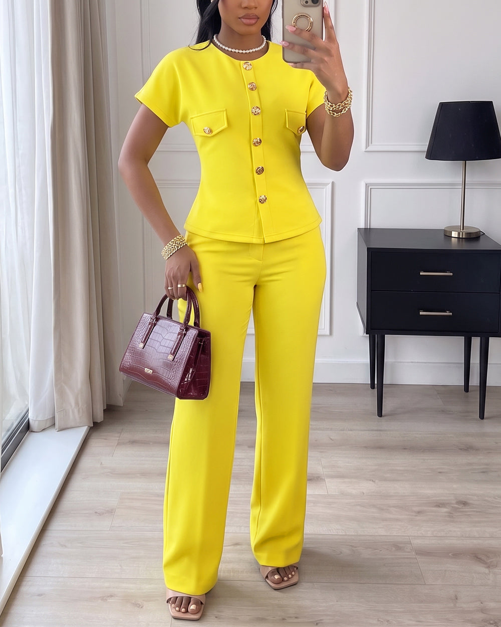 Women's 2 Piece Outfits Short Sleeve Button Down Top and Straight Leg Pants Set Casual Commuter Suits - Image 4