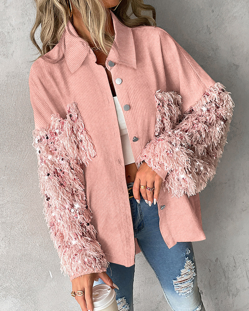 Contrast Sequin Turn-down Collar Long Sleeve Tassel Design Fuzzy Shacket with Pocket - Image 2