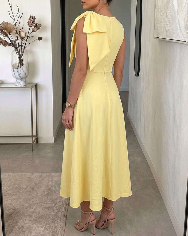 Women's Bowknot A Line Midi Dress Sleeveless Crewneck High Waist Party Dress Elegant Evening Gown - Image 2