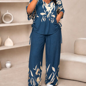 Women's Tropical Plants Print 2 Piece Outfits V Neck Drawstring Ruched Top and Wide Leg Pants Set Casual Loose Loungewear