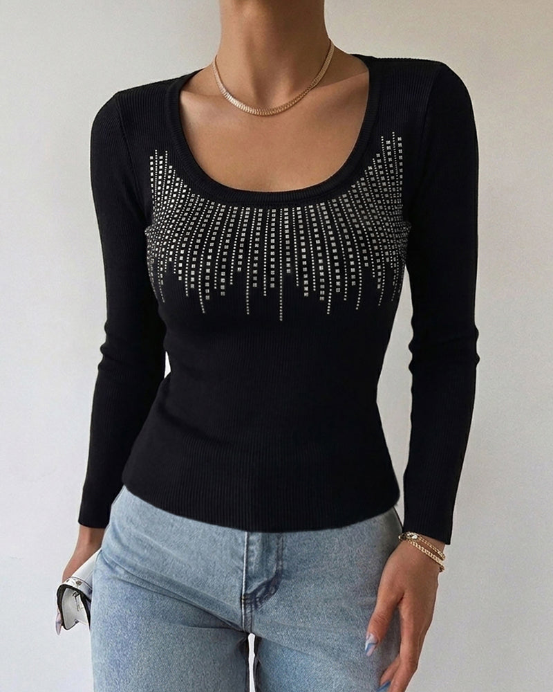 Women's Square Neck Long Sleeve Top Rhinestone Ribbed Knit Shirt Slim Fit Casual Sparkly Tee - Image 6