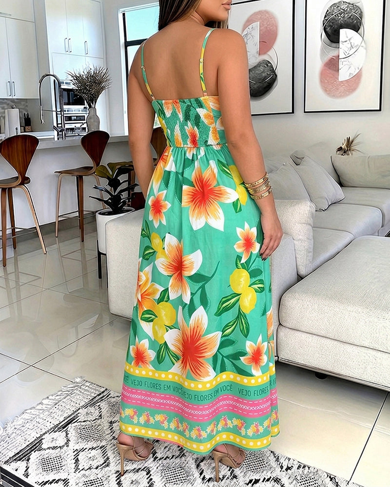 2 Pieces Outfit Adjustable Spaghetti Straps Twist Front Shirred Back High Slit Hem Longline Top and Elastic Waist Tie Front Shorts Set Casual Floral Print Vacation Set - Image 2