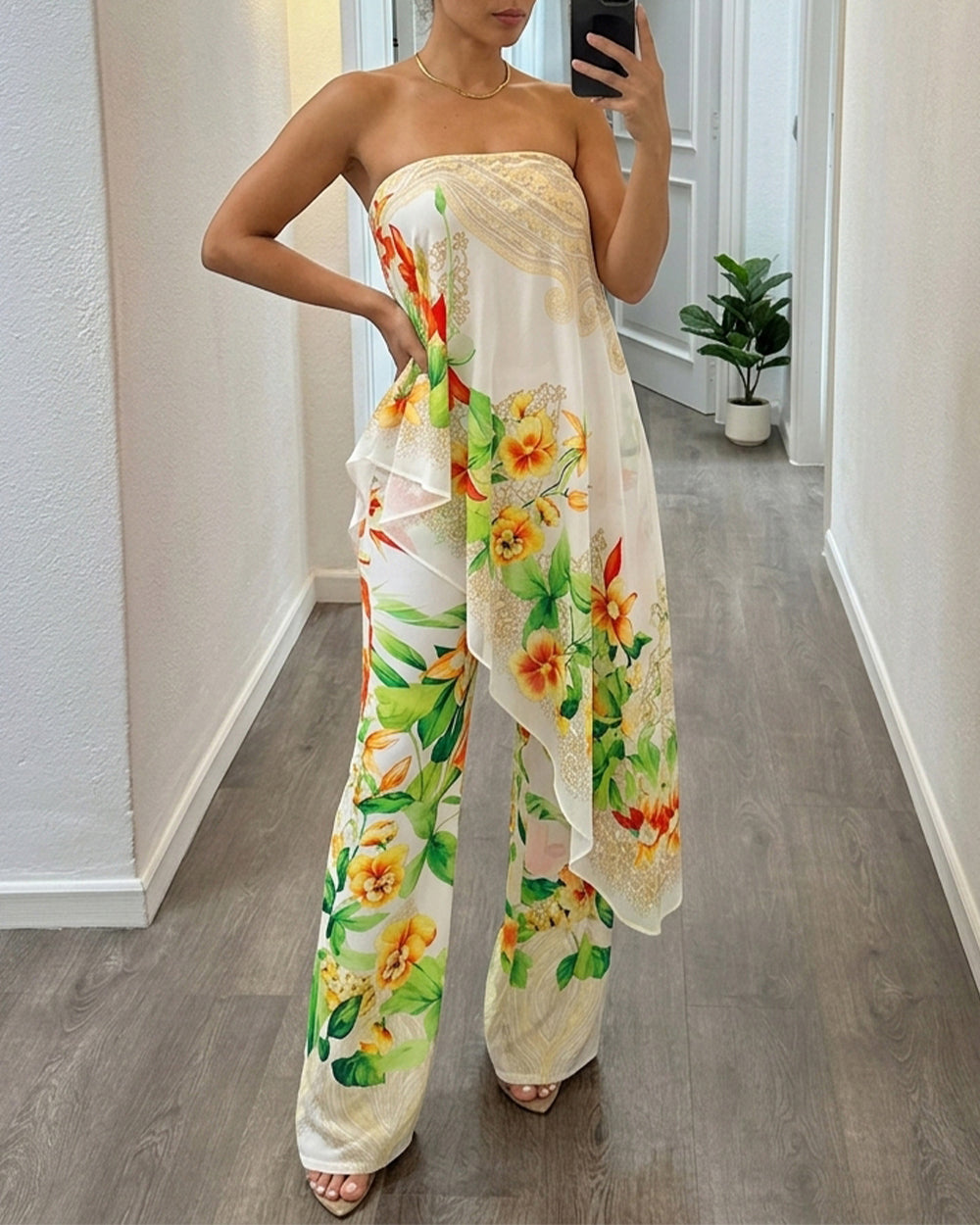 Women's Tropical Floral Jumpsuit Sexy Strapless Tube Overalls High Waisted Faux Two-Piece Jumpsuits with Detachable Clear Straps - Image 5