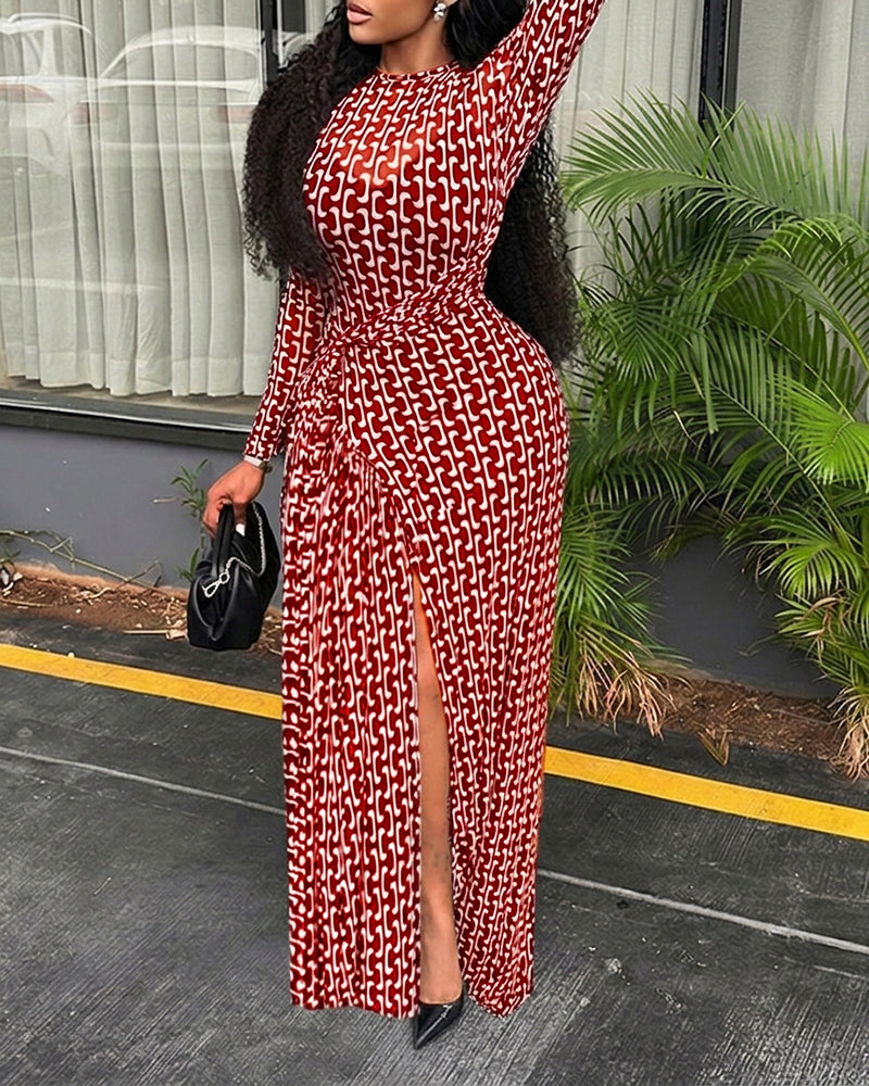 Geometric Print Long Sleeve Waist Tied Detail Maxi Dress Casual Slim Fit Slit Vacation Dress - Image 8