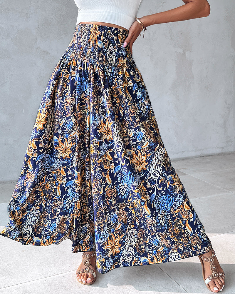 Boho Vintage Floral Print Shirred High Waist Wide Leg Pants - Image 6