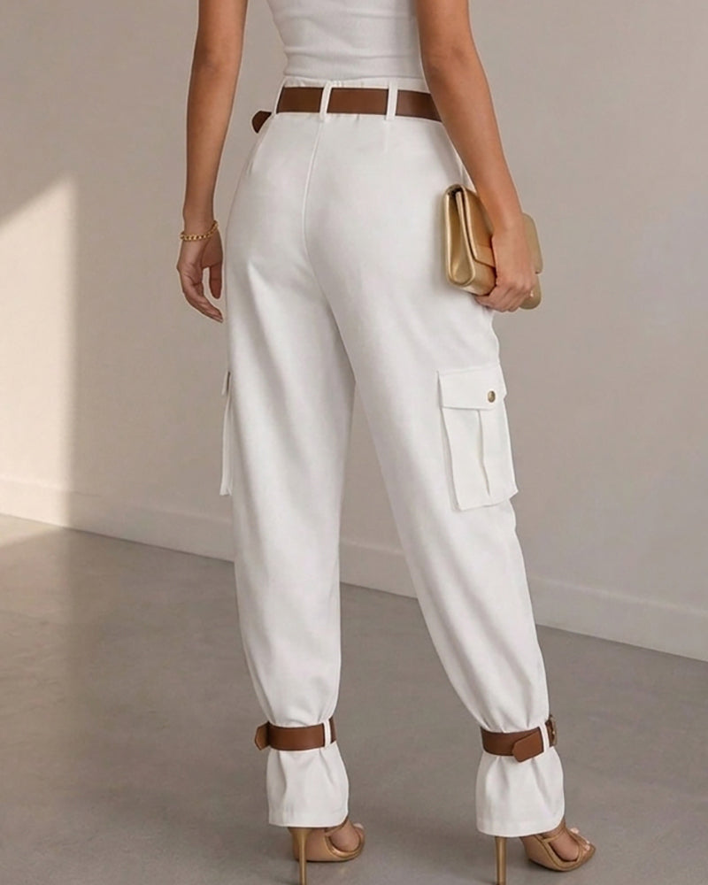 Women's Pockets Design Cargo Pants Casual High Waisted Trousers with Contrast Belt - Image 2