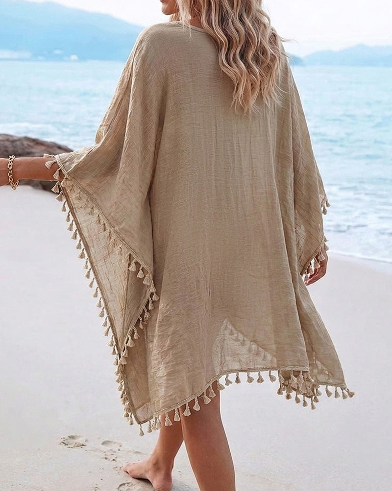 Women's Front & Back Reversible Beach Cover Up Crochet Lace Hollow Out Spliced Tassel Vacation Caftan Dress - Image 2