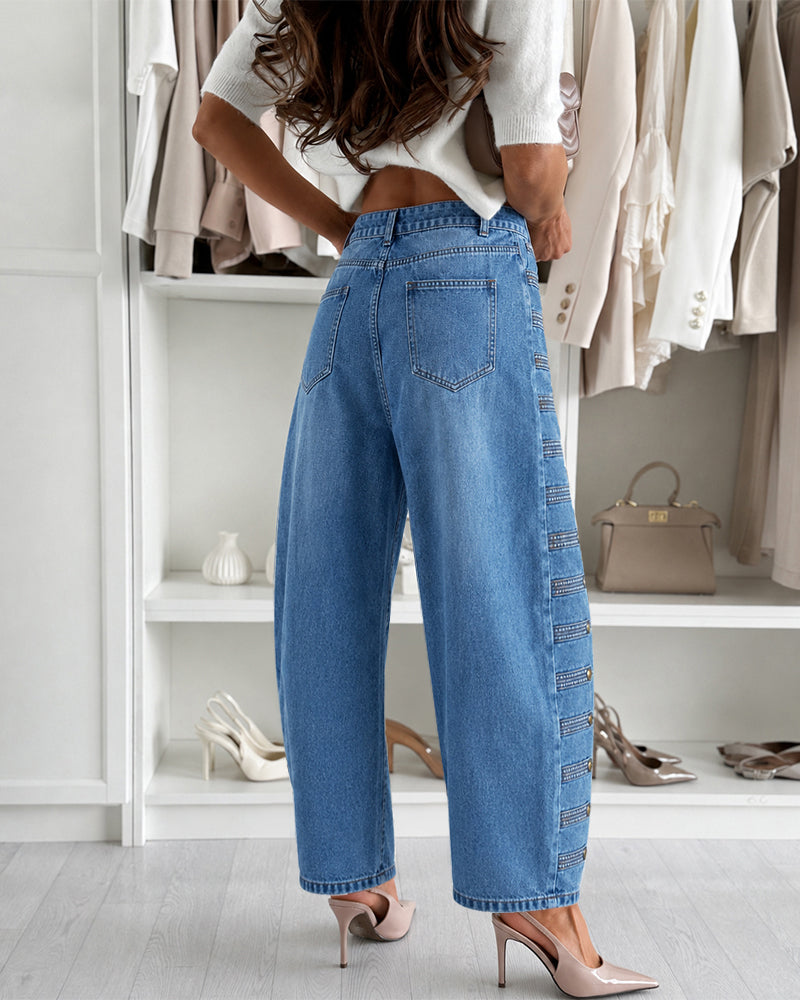 Women's Wide Leg Jeans High Waisted Side Button Denim Pants Distressed Washed Trousers Retro Y2K Streetwear - Image 2