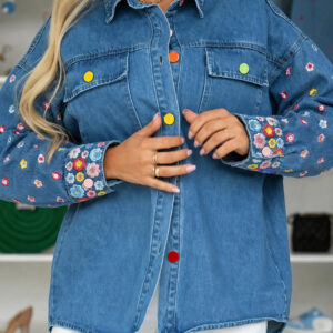 Women's Floral Embroidered Denim Jacket Colorful Button Down Jean Coat Casual Washed Shacket