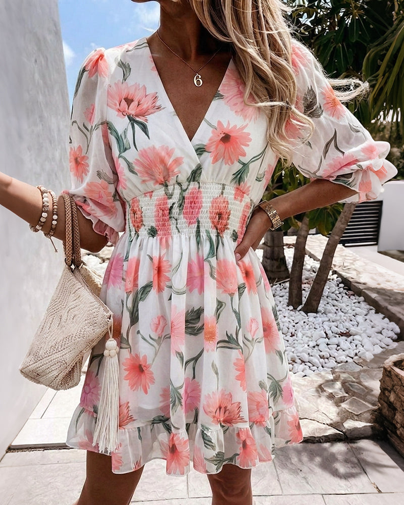 Floral Print Overlap Deep V-Neck Half Sleeve Shirred Waist A Line Dress Casual Flared Cuffs Ruffle Hem Chiffon Dress - Image 6