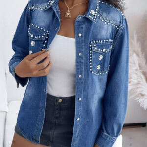 Vintage Rhinestone & Pearls Decor Turn-down Collar Button Front Asymmetrical Hem Coat Casual Flower Pattern Flap Pockets Design Washed Denim Coat