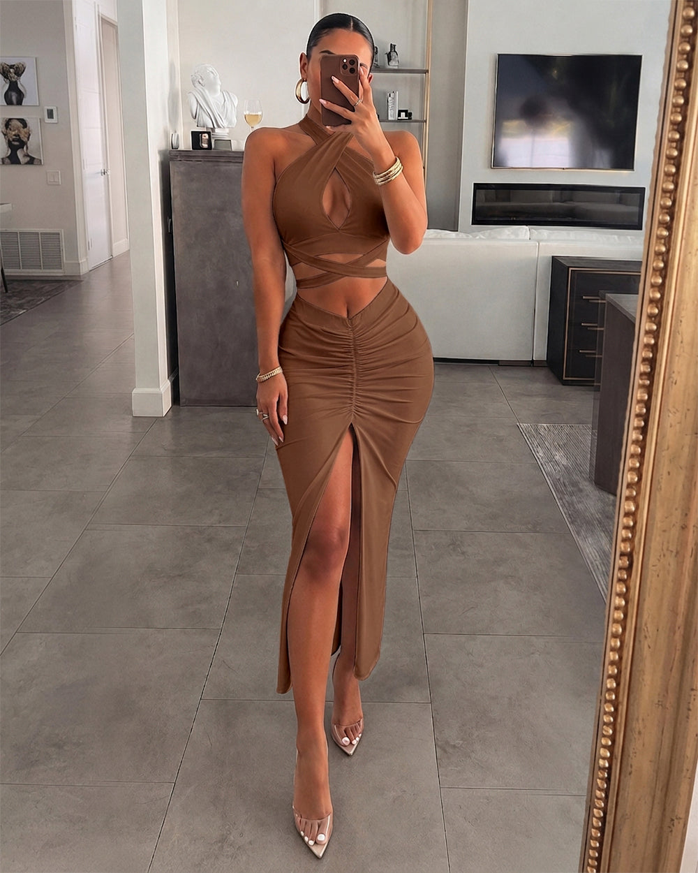 Women's Two Piece Set Criss Cross Halter Backless Crop Top and High Slit Ruched Skirt Sexy Matching Set - Image 12