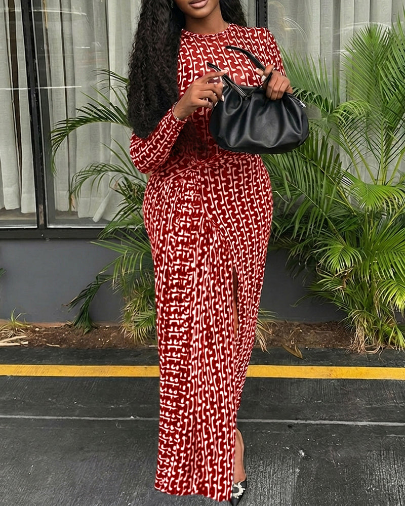 Geometric Print Long Sleeve Waist Tied Detail Maxi Dress Casual Slim Fit Slit Vacation Dress - Image 11