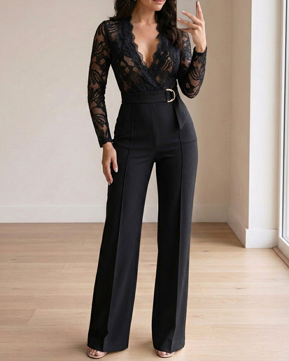 Crochet Lace Trim Deep V-Neck Floral Lace Spliced Ovearalls Casual Zipper Back Seam Front Jumpsuit with Belt - Image 16