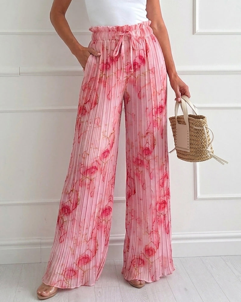 Women's Tie Dye Print Pleated Wide Leg Pants High Waisted Flowy Palazzo Pants Drawstring Lounge Pants with Pockets - Image 7