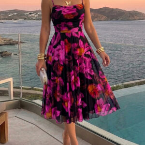 Women's Floral Print Cami Midi Dress Sexy Ruched Mesh A Line Sundress Elegant Spaghetti Strap Party Dress