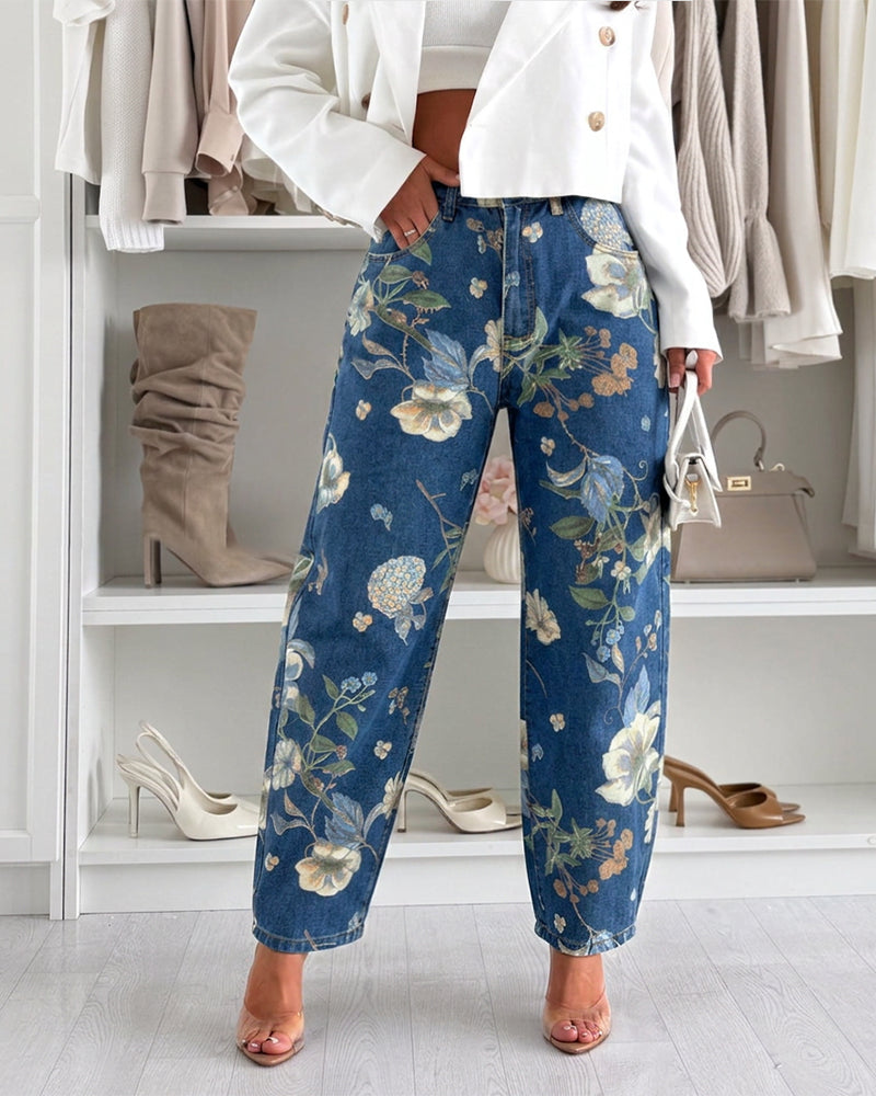 Women's Floral Printed Jeans High Waisted Barrel Denim Pants Vintage Relaxed Trousers - Image 7