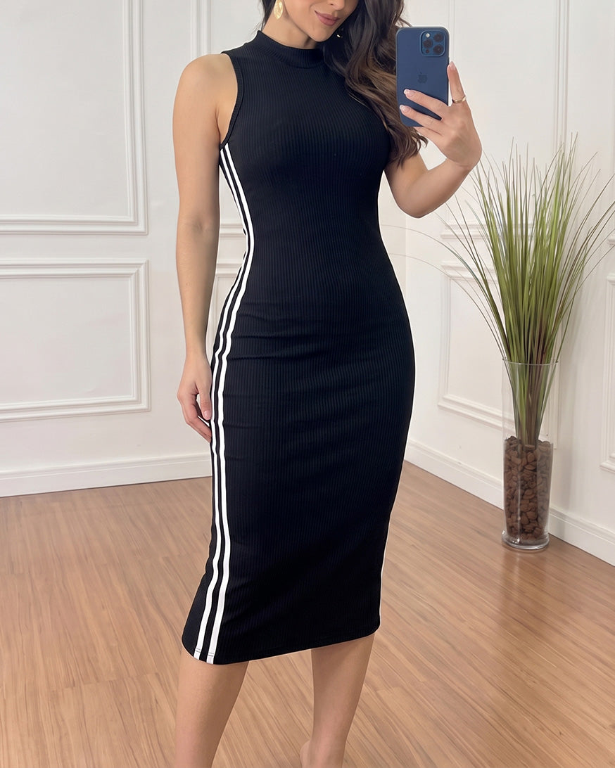 Women's Ribbed Knit Halter Midi Dress Backless Racerback Bodycon Dress Side Contrast Stripe Sleeveless Dress - Image 2