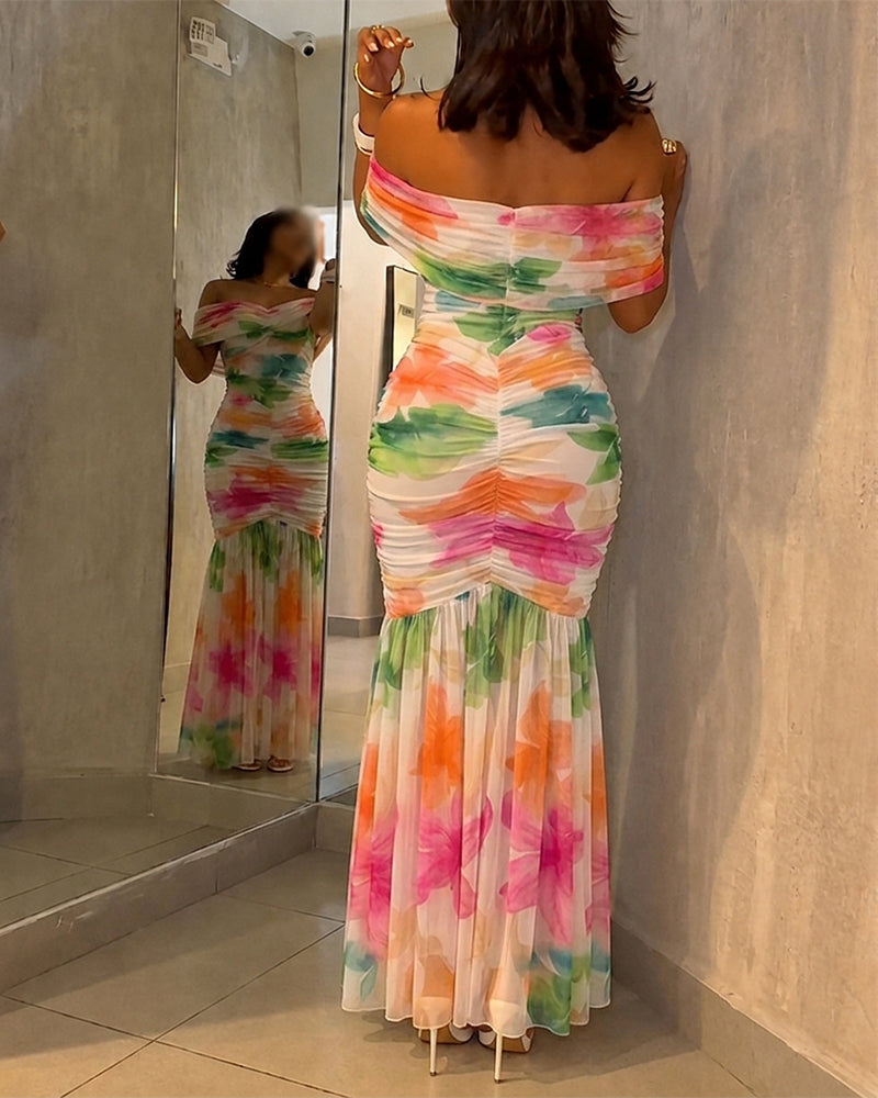 Women's Foldover Off-Shoulder Floral Mermaid Dress Mesh Ruched Maxi Gown with Detachable Clear Straps - Image 5