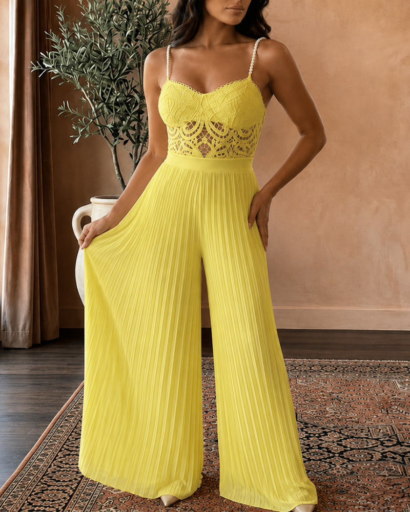 Women's Two Piece Set Lace Cami Top with Stretchy Pearl Straps and High Waist Pleated Wide Leg Chiffon Pants - Image 3