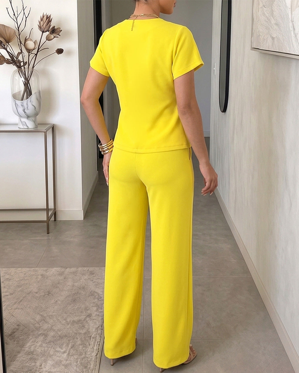 Women's 2 Piece Outfits Short Sleeve Button Down Top and Straight Leg Pants Set Casual Commuter Suits - Image 2