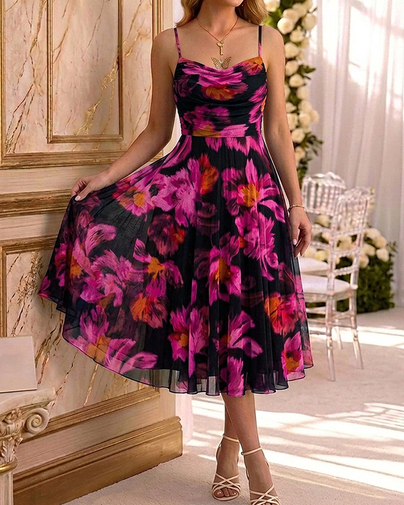 Women's Floral Print Cami Midi Dress Sexy Ruched Mesh A Line Sundress Elegant Spaghetti Strap Party Dress - Image 7