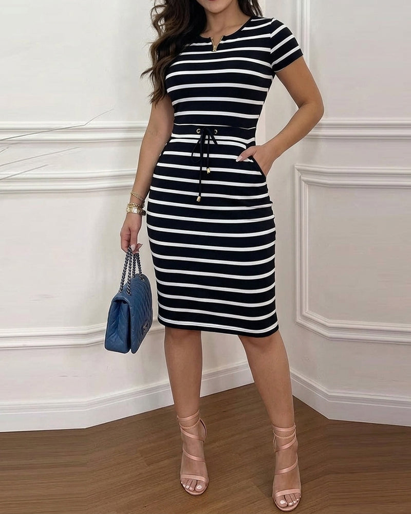 Women's Striped Midi Dress Short Sleeve Zipper Crewneck Dress High Waisted Drawstring Casual Dress with Pockets - Image 4