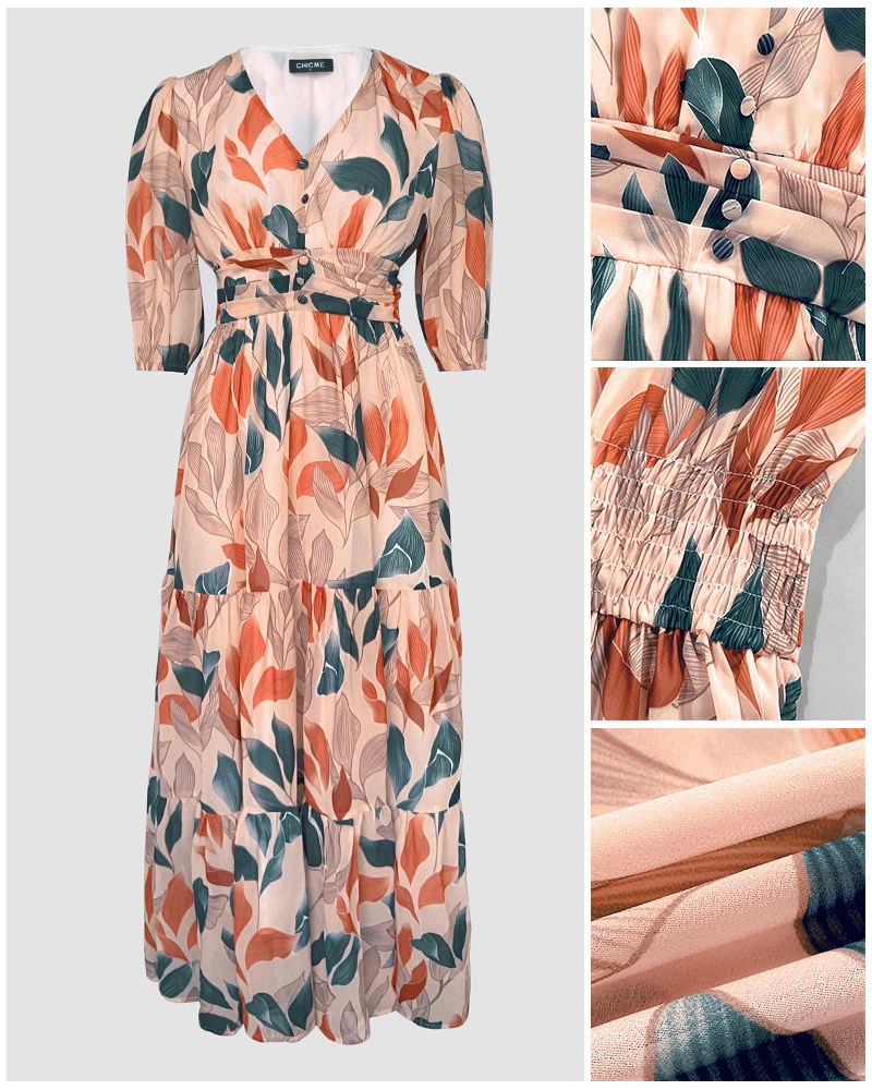 Plants Print V-Neck Half Sleeve Shirred Back Maxi Dress Casual Button Decor Ruched Ruffle Hem Vacation Dress - Image 6