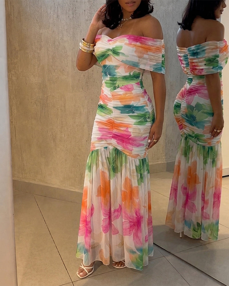 Women's Foldover Off-Shoulder Floral Mermaid Dress Mesh Ruched Maxi Gown with Detachable Clear Straps - Image 6